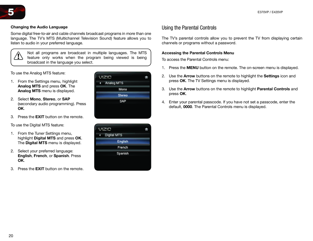 Vizio E420VP, E370VP Using the Parental Controls, Changing the Audio Language, Accessing the Parental Controls Menu 