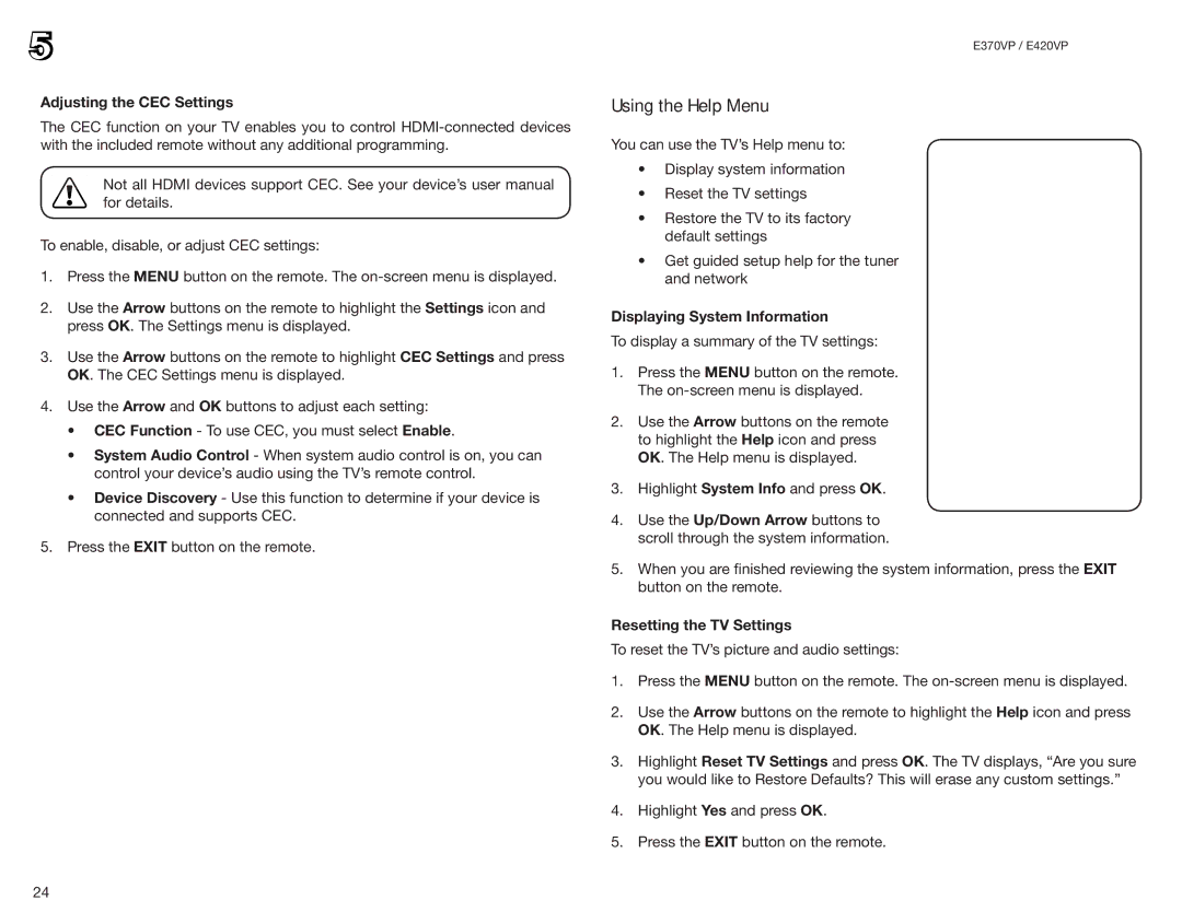 Vizio E420VP Using the Help Menu, Adjusting the CEC Settings, Displaying System Information, Resetting the TV Settings 
