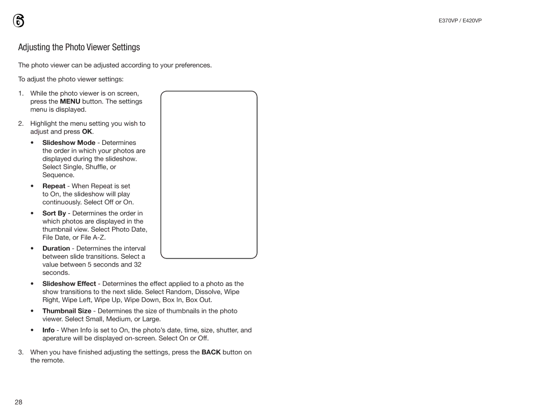 Vizio E420VP, E370VP user manual Adjusting the Photo Viewer Settings 