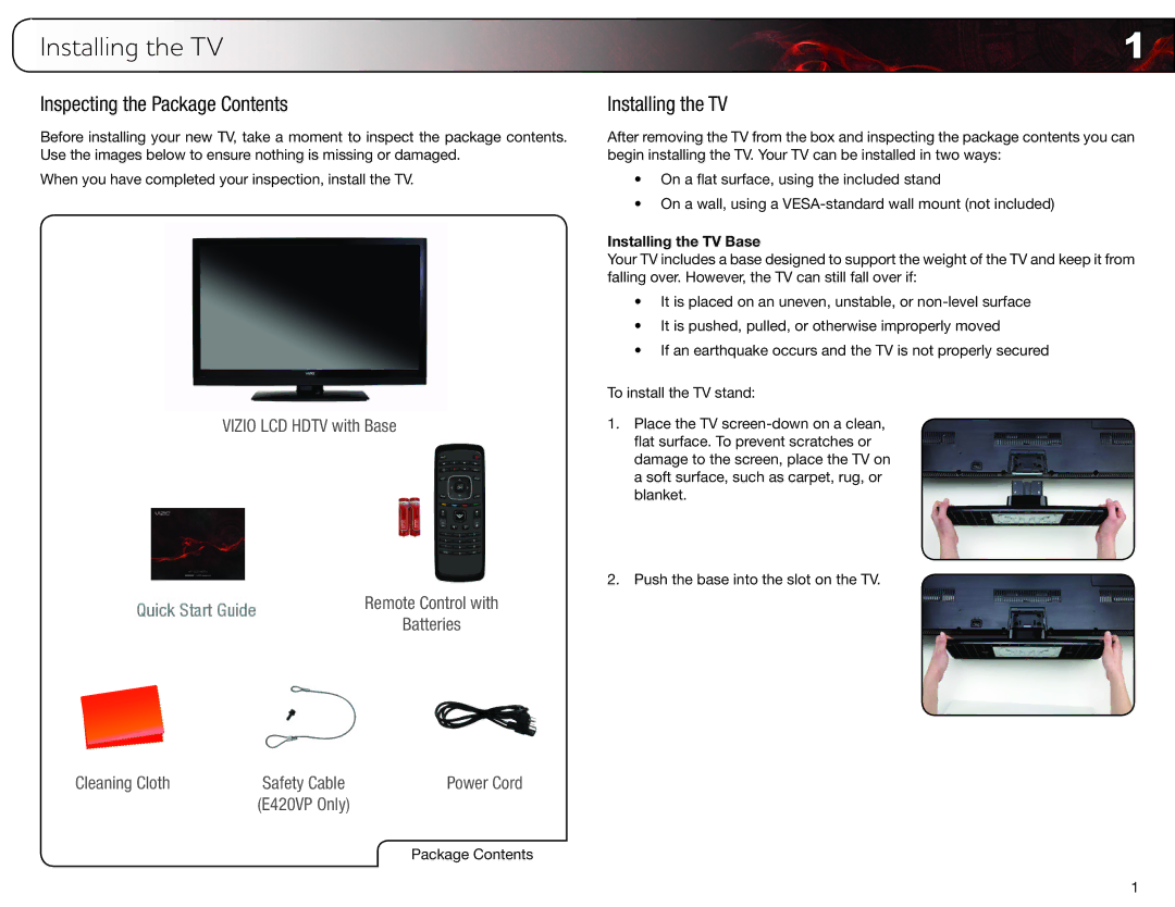 Vizio E370VP, E420VP user manual Installing the TV, Inspecting the Package Contents 