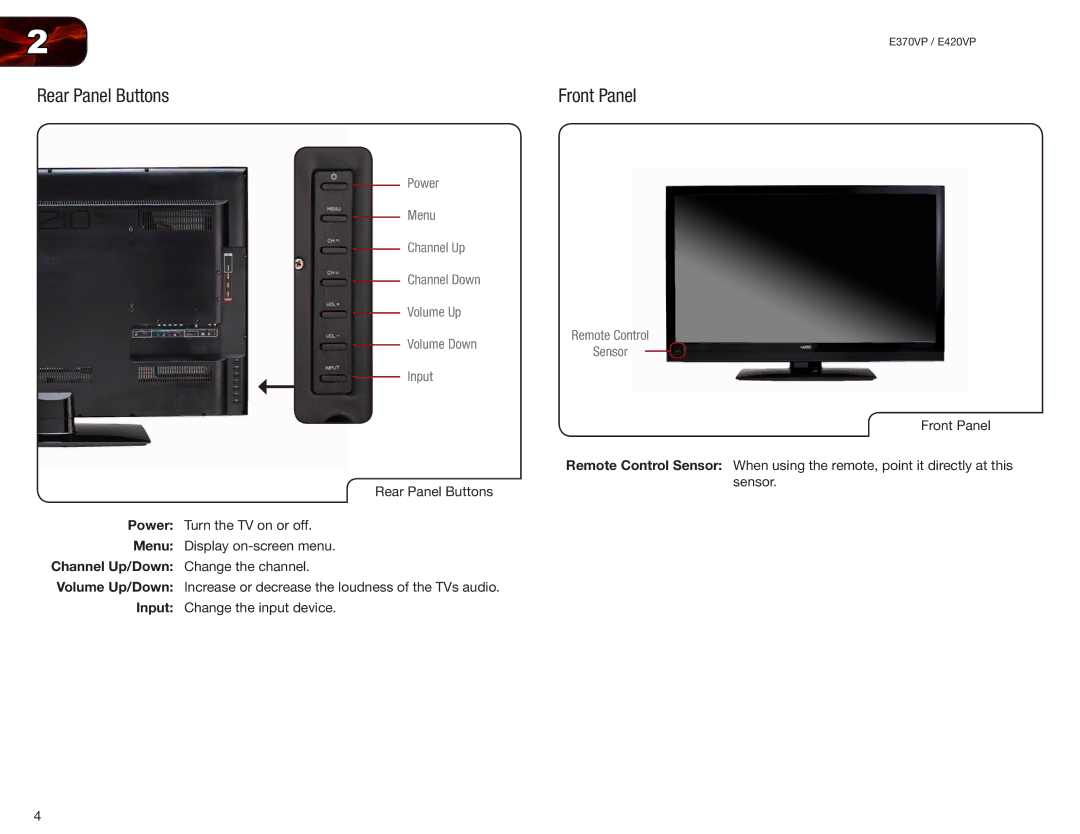 Vizio E420VP, E370VP user manual Rear Panel Buttons, Front Panel 