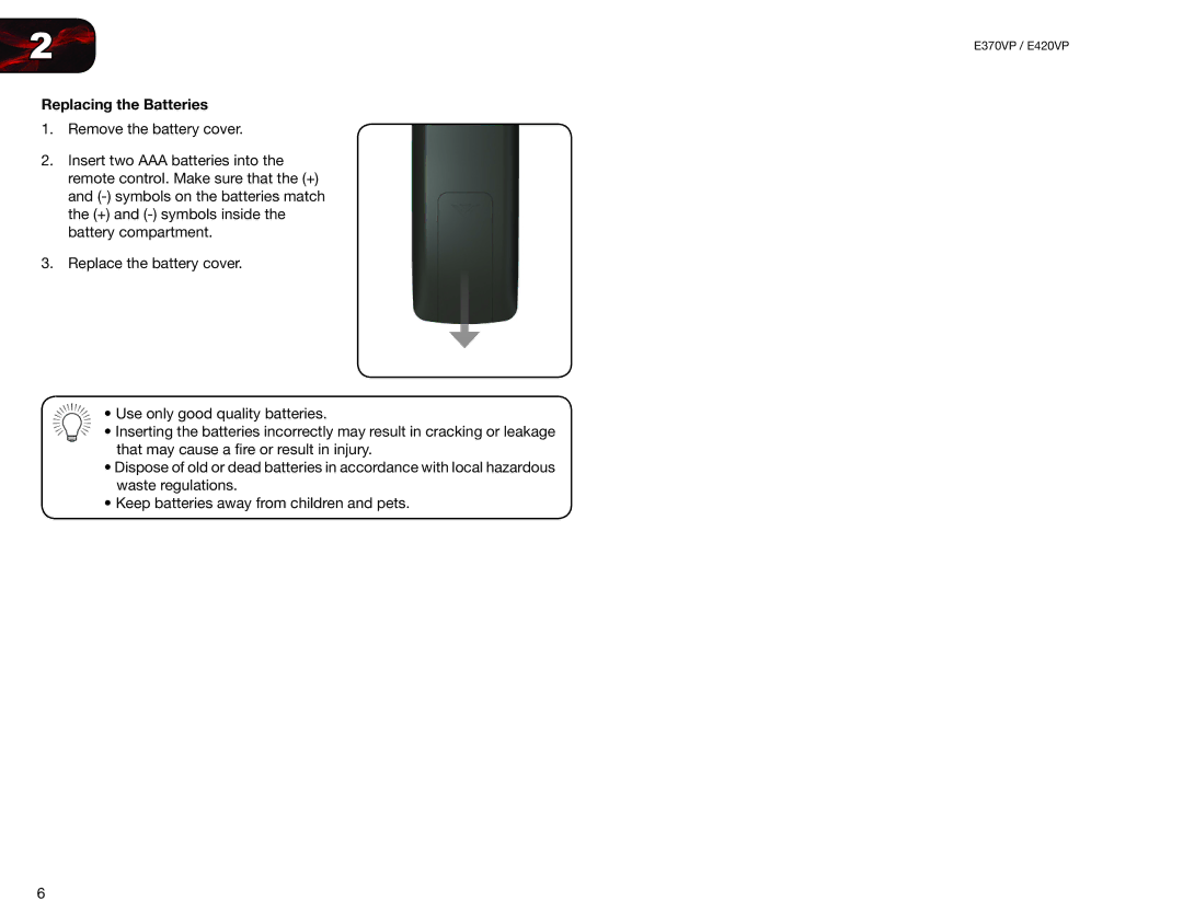 Vizio E420VP, E370VP user manual Replacing the Batteries 