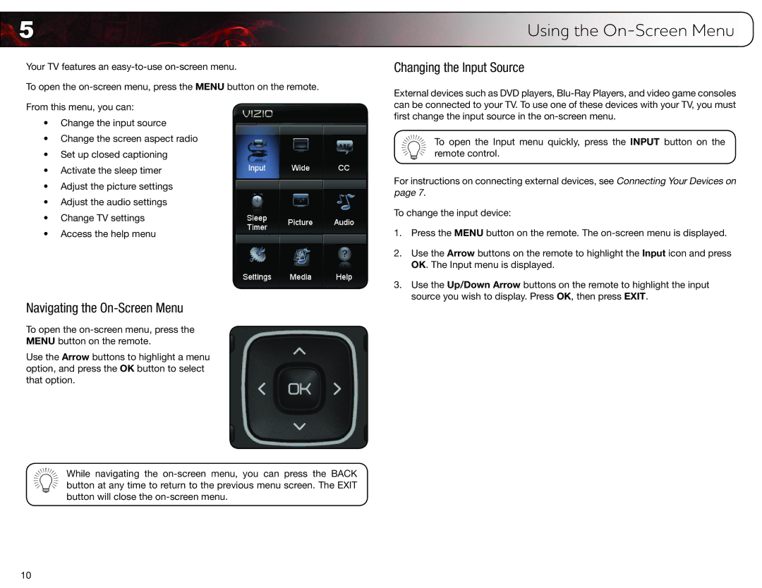 Vizio E420VP, E370VP user manual Navigating the On-Screen Menu, Changing the Input Source 