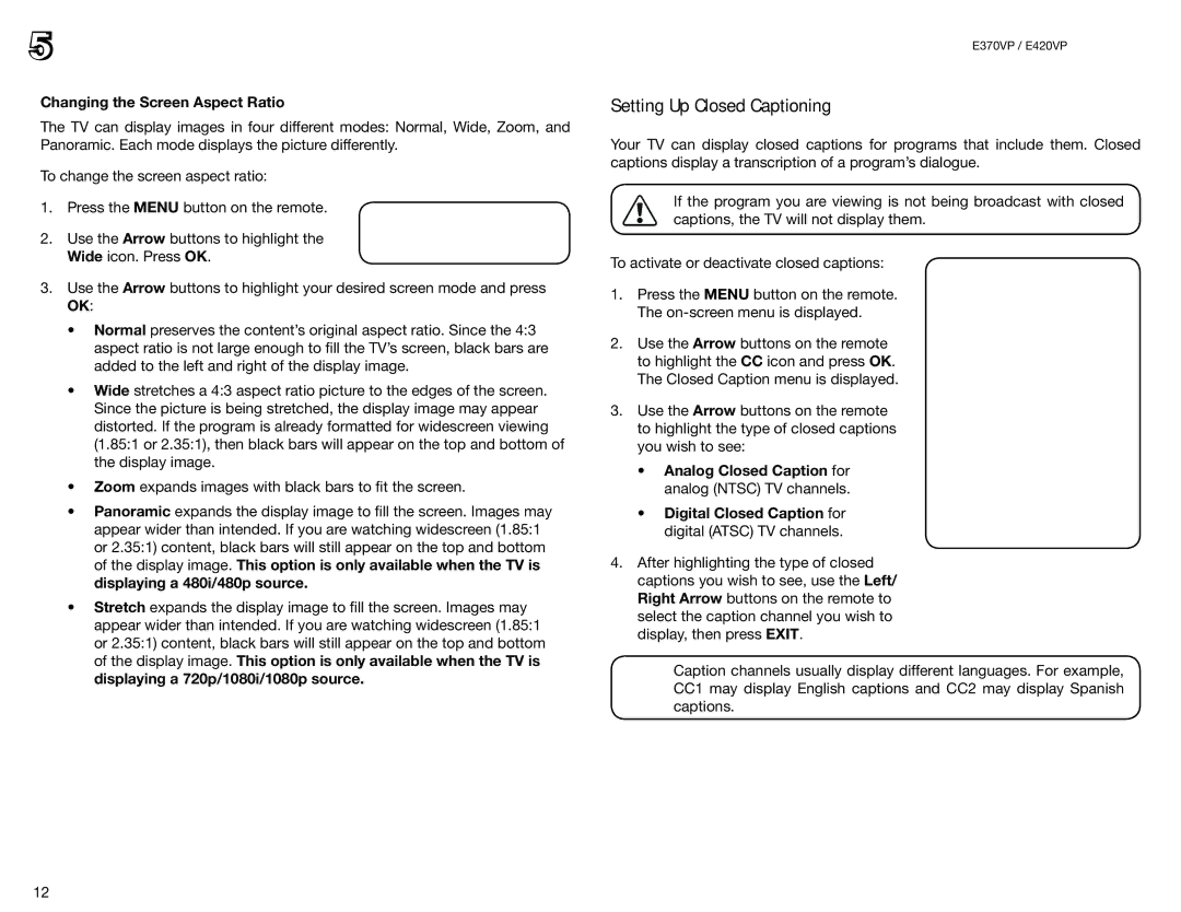 Vizio E420VP, E370VP user manual Setting Up Closed Captioning, Changing the Screen Aspect Ratio 