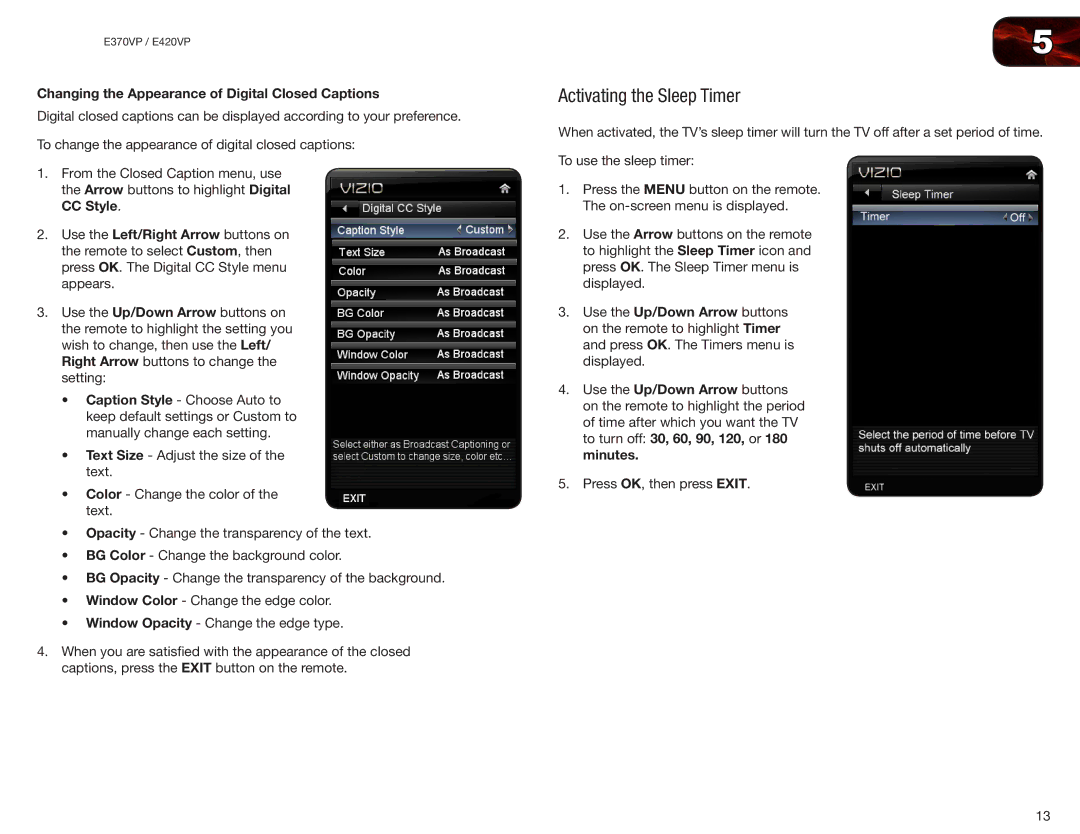 Vizio E370VP, E420VP user manual Activating the Sleep Timer, Changing the Appearance of Digital Closed Captions 