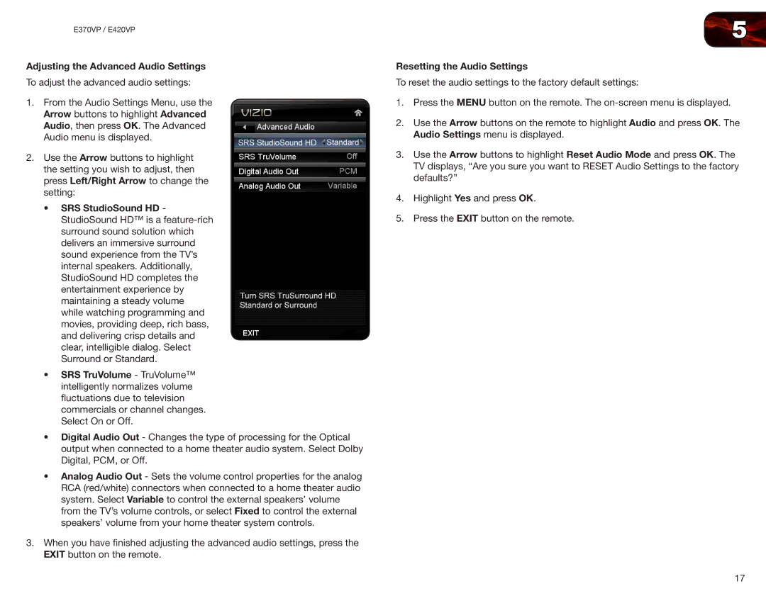 Vizio E370VP, E420VP user manual Adjusting the Advanced Audio Settings, Resetting the Audio Settings 