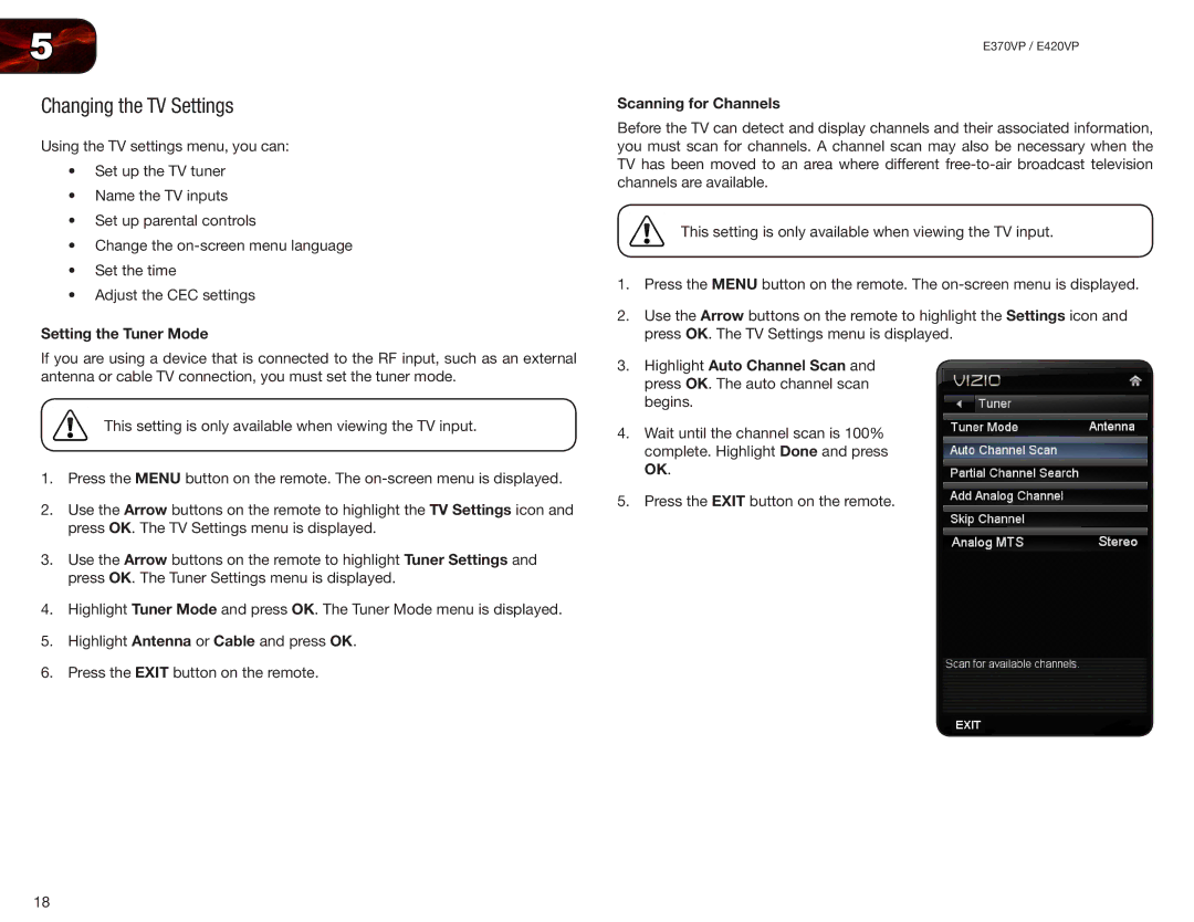 Vizio E420VP, E370VP user manual Changing the TV Settings, Setting the Tuner Mode, Scanning for Channels 