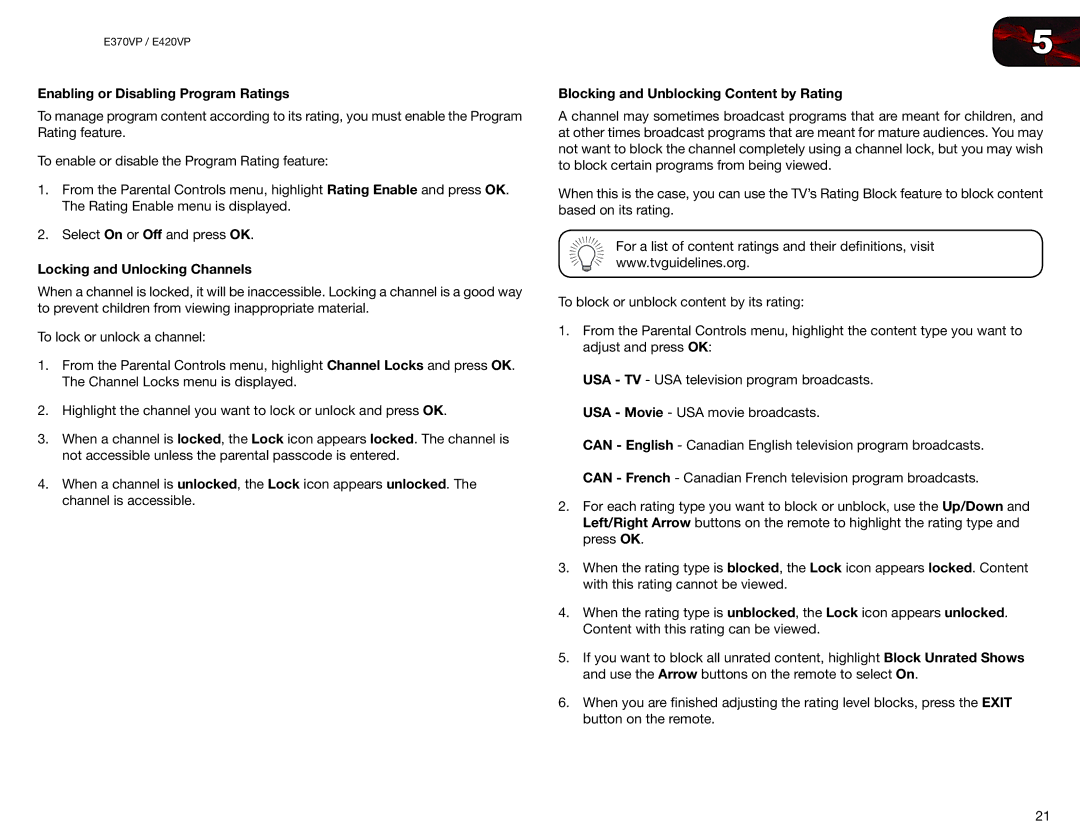 Vizio E370VP, E420VP user manual Enabling or Disabling Program Ratings, Locking and Unlocking Channels 