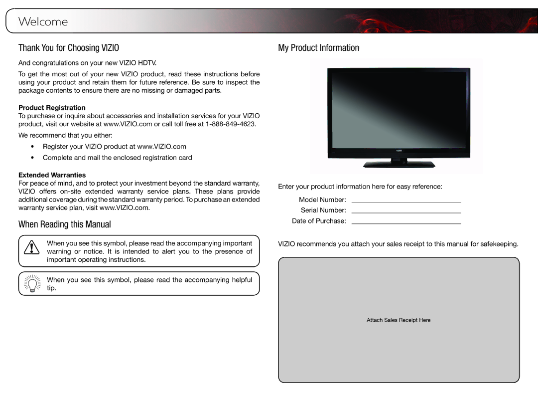 Vizio E370VP, E420VP user manual Welcome, Thank You for Choosing Vizio, When Reading this Manual, My Product Information 