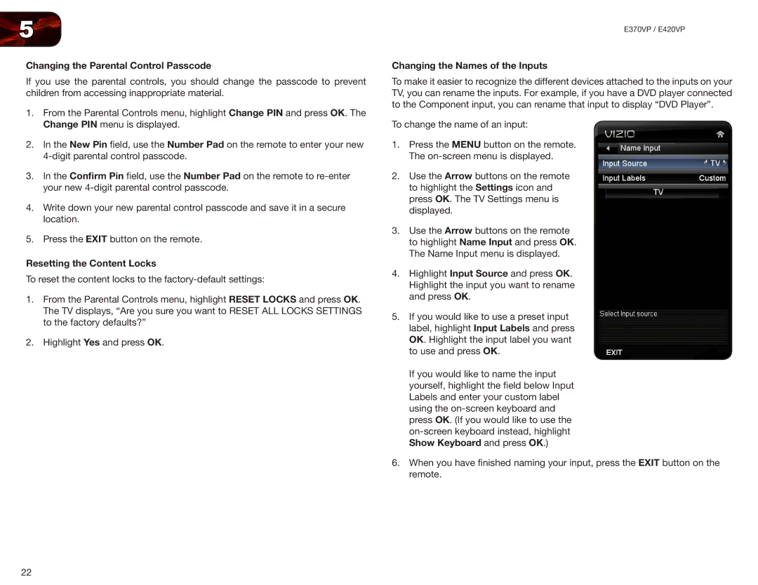 Vizio E420VP, E370VP Changing the Parental Control Passcode, Resetting the Content Locks, Changing the Names of the Inputs 