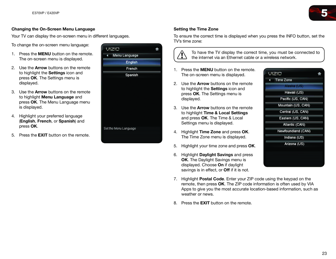 Vizio E370VP, E420VP user manual Changing the On-Screen Menu Language, Setting the Time Zone 