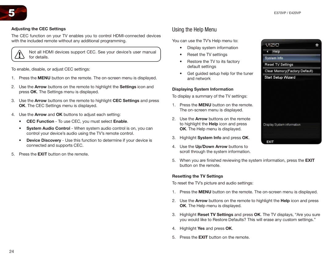 Vizio E420VP Using the Help Menu, Adjusting the CEC Settings, Displaying System Information, Resetting the TV Settings 