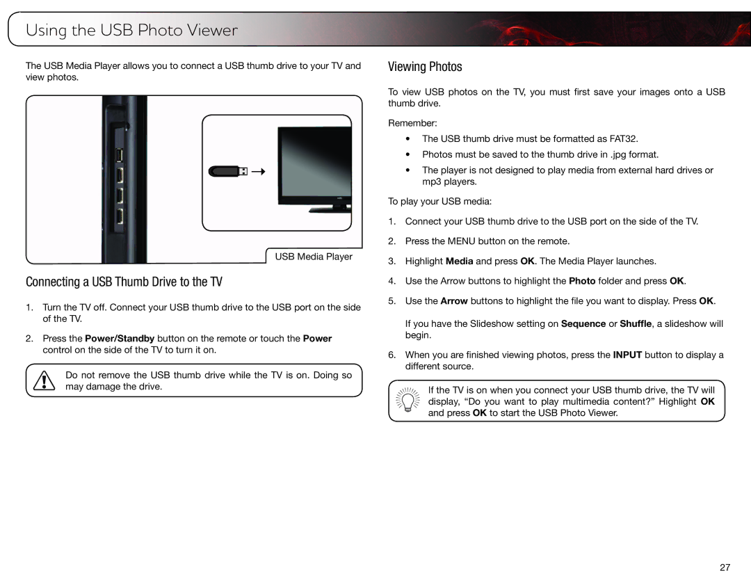 Vizio E370VP, E420VP user manual Using the USB Photo Viewer, Connecting a USB Thumb Drive to the TV, Viewing Photos 