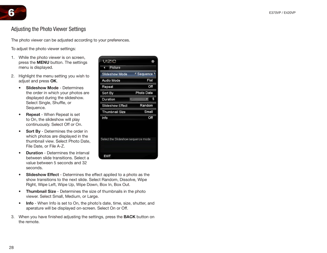 Vizio E420VP, E370VP user manual Adjusting the Photo Viewer Settings 