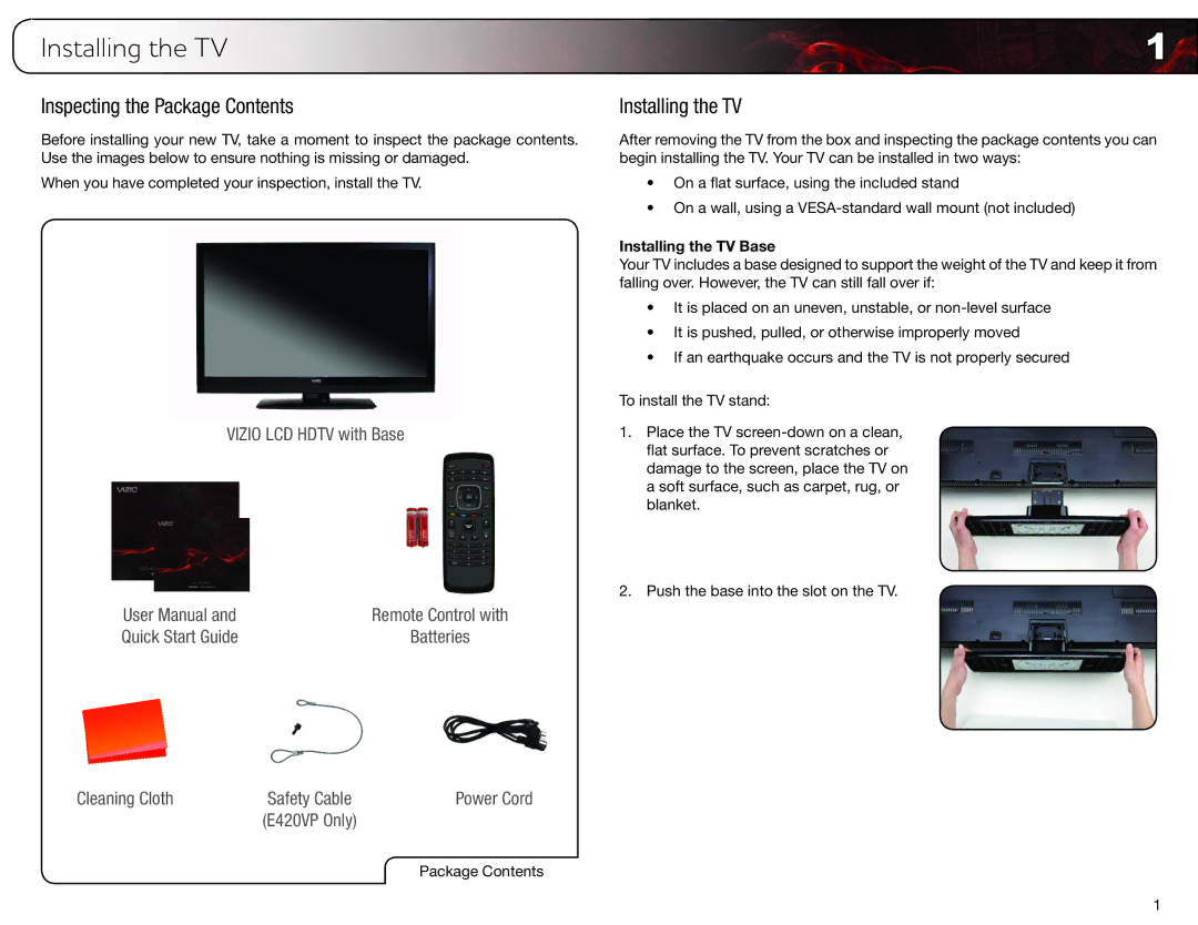 Vizio E370VP, E420VP user manual Installing the TV, Inspecting the Package Contents 