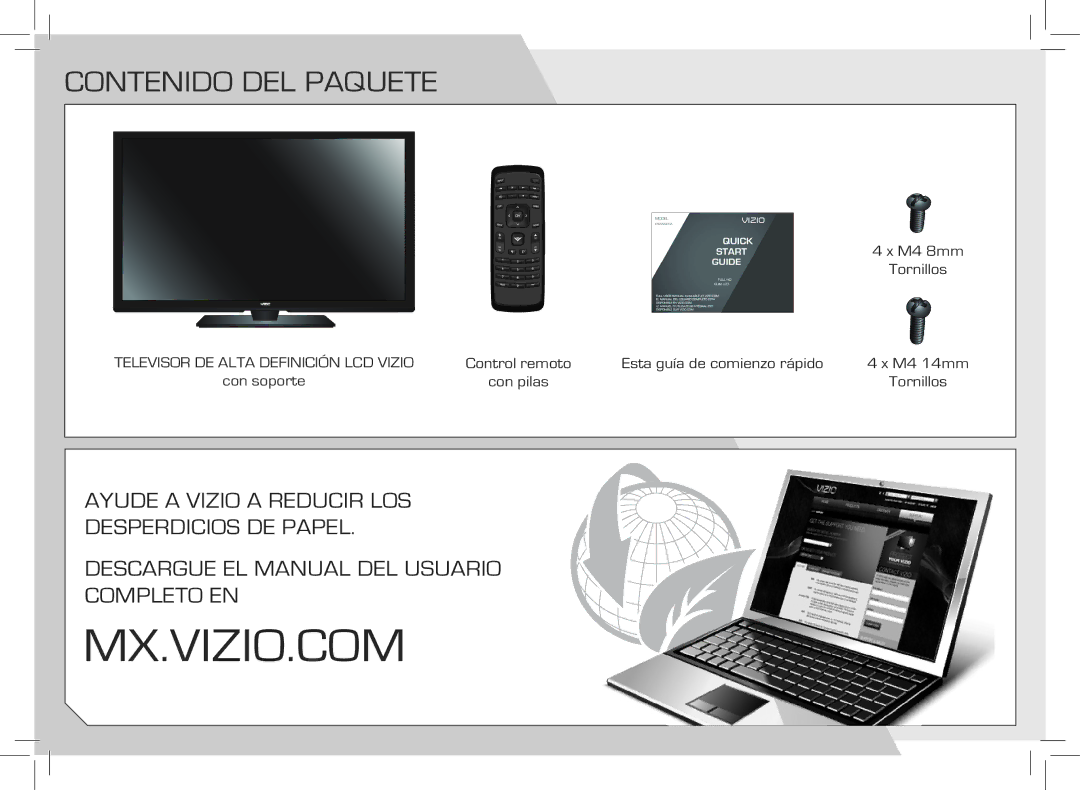 Vizio E420VSE-NA quick start Mx.vizio.com, Contenido del paquete 