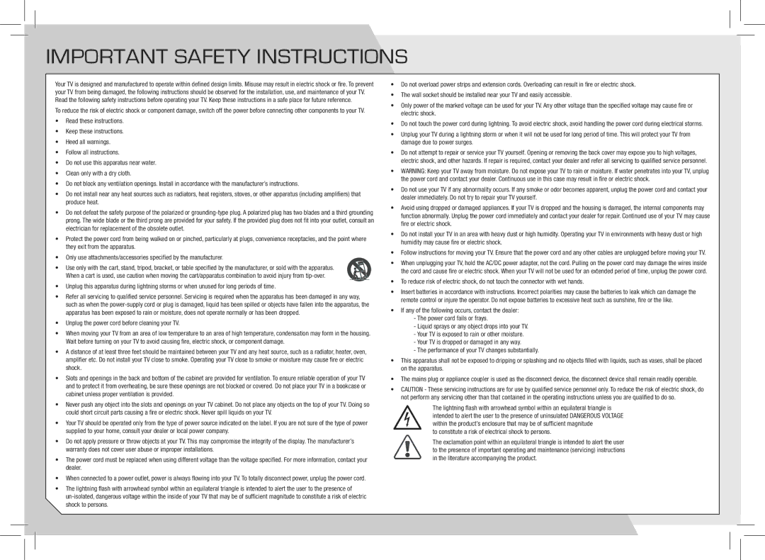 Vizio E420VSE-NA quick start Important safety instructions, Unplug the power cord before cleaning your TV 