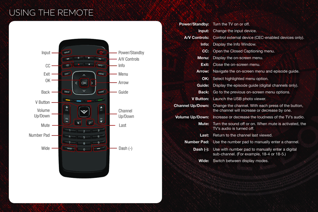 Vizio E420VT, E370VT, E320VT quick start Using the Remote, Wide Dash 