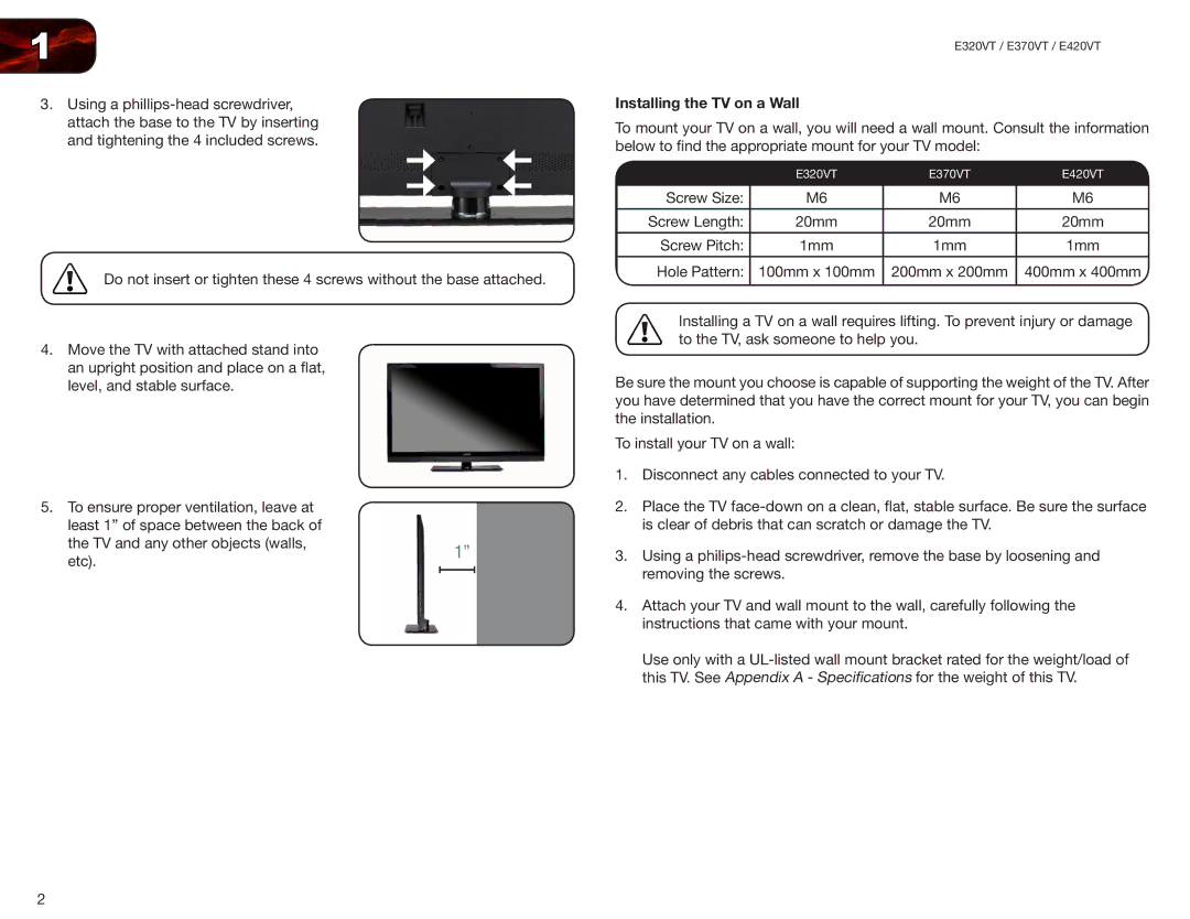 Vizio E370VT, E420VT, E320VT user manual Installing the TV on a Wall 