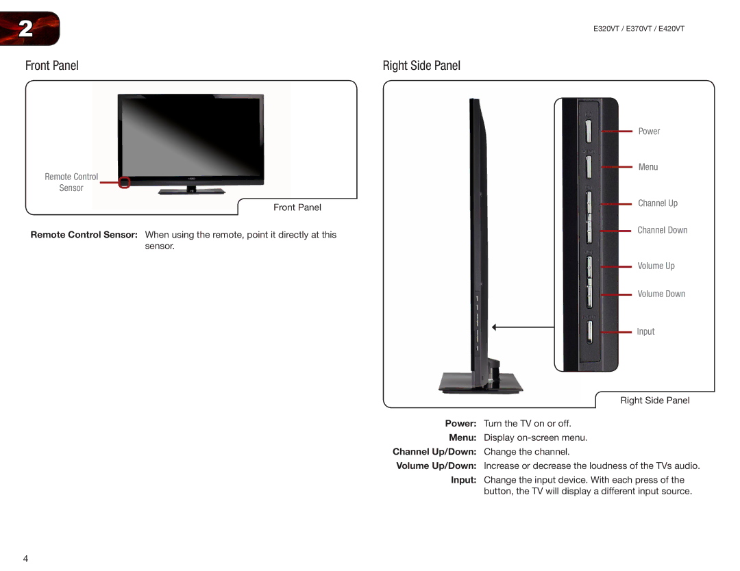 Vizio E420VT, E370VT, E320VT user manual Right Side Panel, Remote Control Sensor 