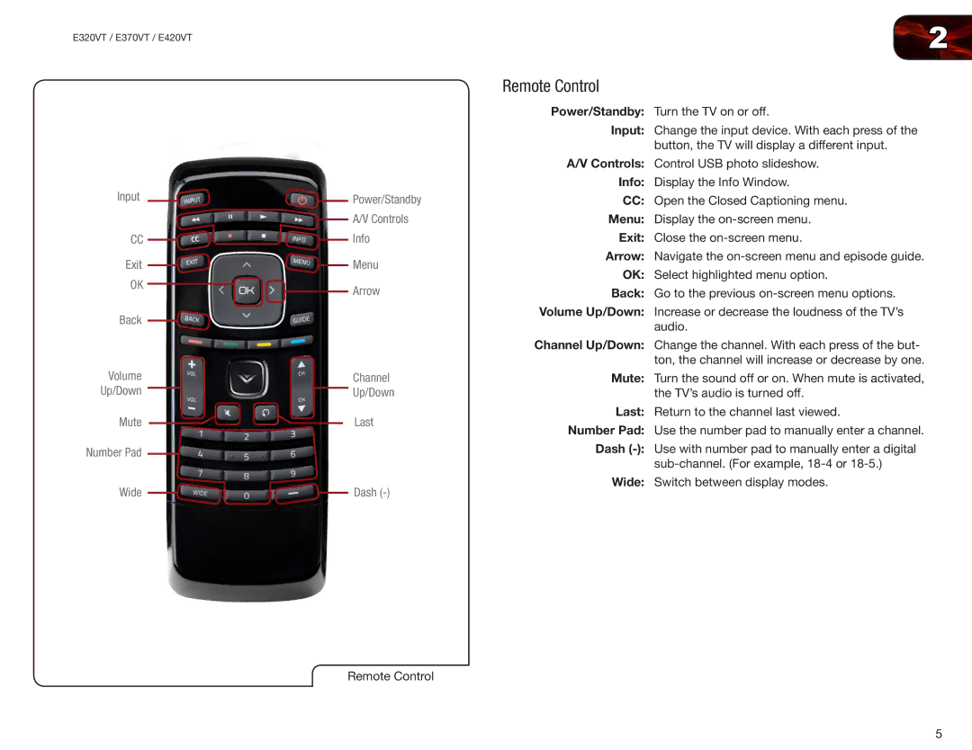 Vizio E370VT, E420VT, E320VT user manual Remote Control 