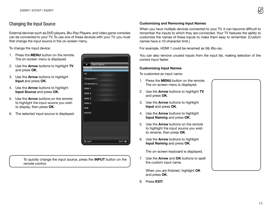 Vizio E370VT, E420VT, E320VT Changing the Input Source, Customizing and Removing Input Names, Customizing Input Names 
