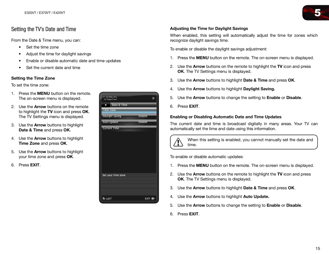 Vizio E320VT, E420VT, E370VT Setting the TV’s Date and Time, Setting the Time Zone, Adjusting the Time for Daylight Savings 