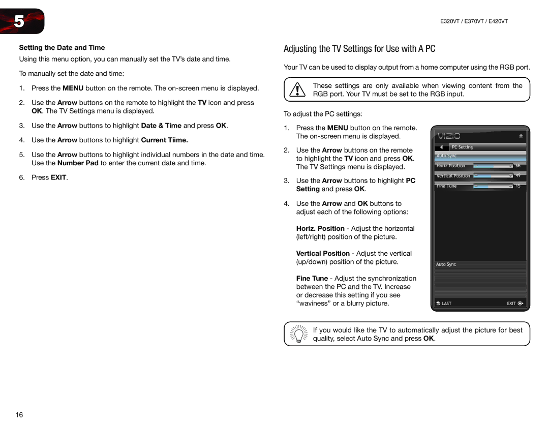 Vizio E420VT, E370VT, E320VT user manual Adjusting the TV Settings for Use with a PC, Setting the Date and Time 