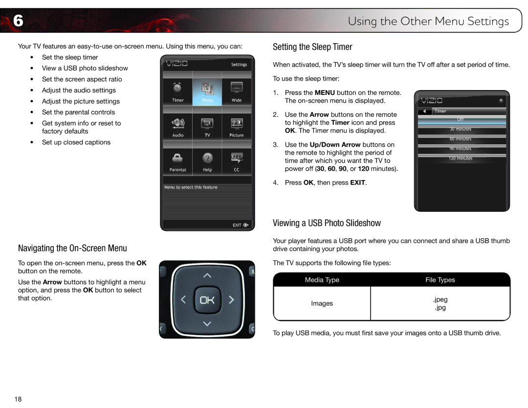 Vizio E320VT, E420VT, E370VT Navigating the On-Screen Menu, Setting the Sleep Timer, Viewing a USB Photo Slideshow 