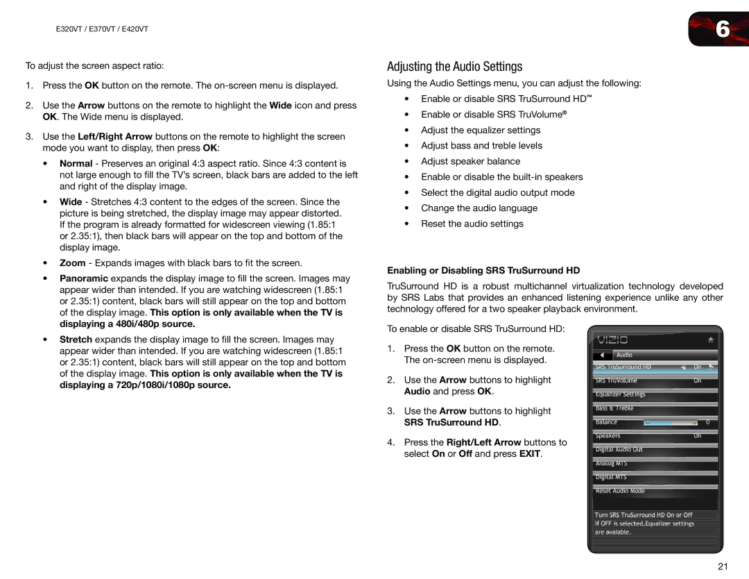 Vizio E320VT, E420VT, E370VT user manual Adjusting the Audio Settings, Enabling or Disabling SRS TruSurround HD 