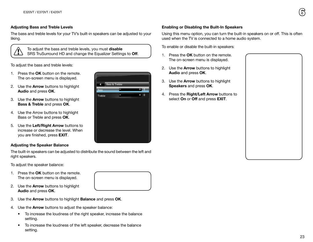 Vizio E370VT Adjusting Bass and Treble Levels, Enabling or Disabling the Built-In Speakers, Adjusting the Speaker Balance 