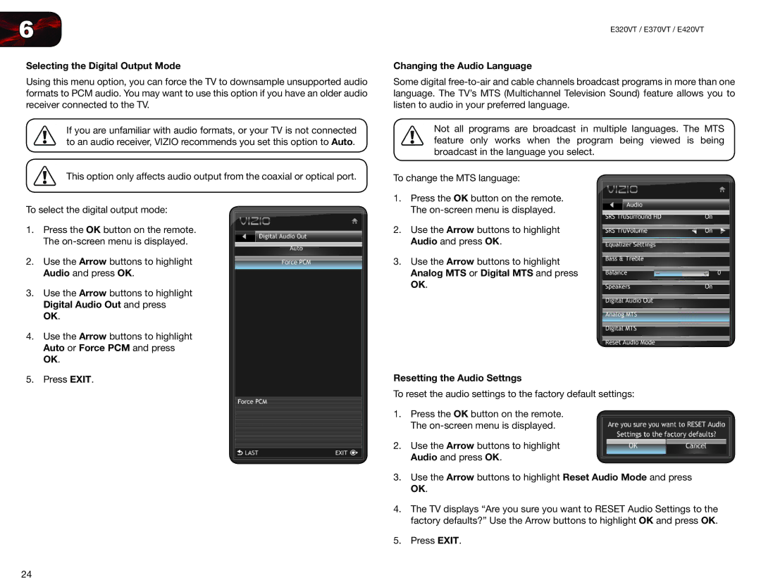 Vizio E320VT, E420VT, E370VT Selecting the Digital Output Mode, Changing the Audio Language, Resetting the Audio Settngs 