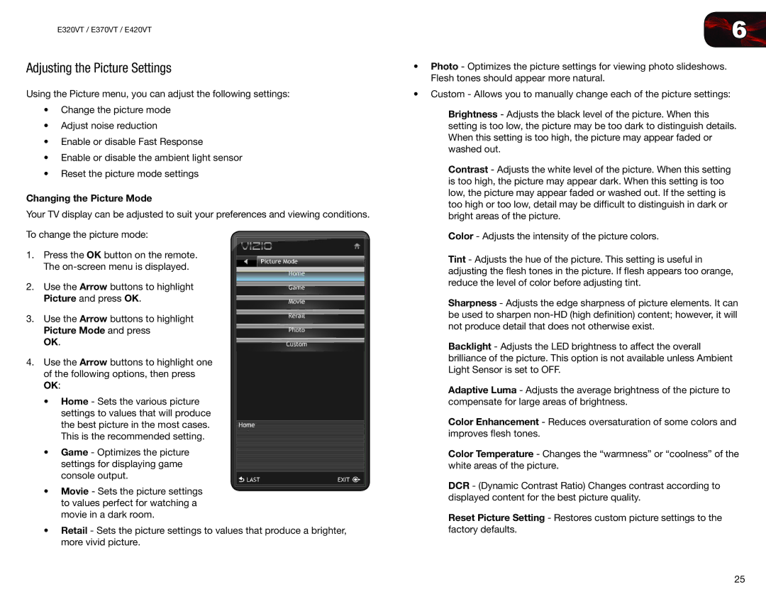 Vizio E420VT, E370VT, E320VT user manual Adjusting the Picture Settings, Changing the Picture Mode 