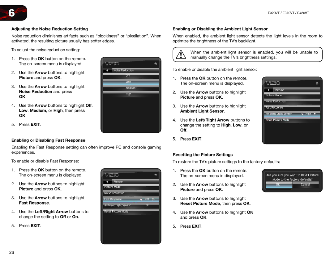 Vizio E370VT, E420VT, E320VT Adjusting the Noise Reduction Setting, Enabling or Disabling the Ambient Light Sensor 