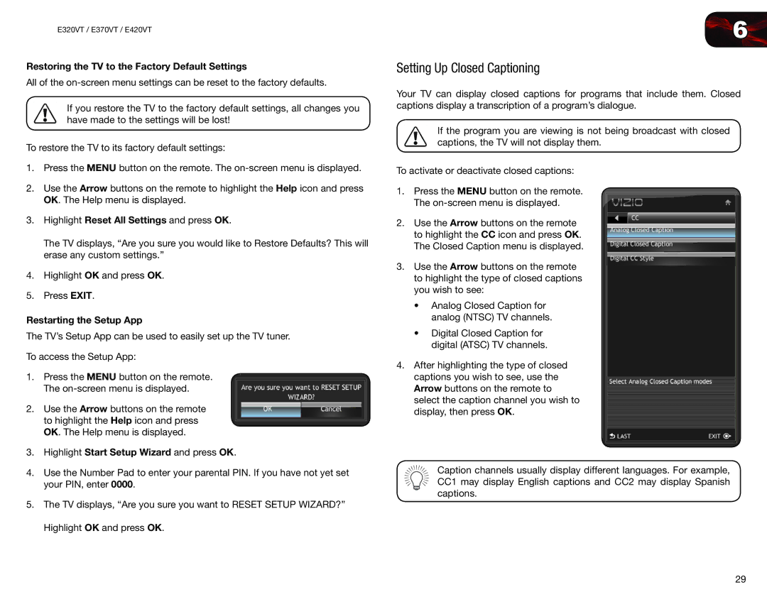 Vizio E370VT Setting Up Closed Captioning, Restoring the TV to the Factory Default Settings, Restarting the Setup App 