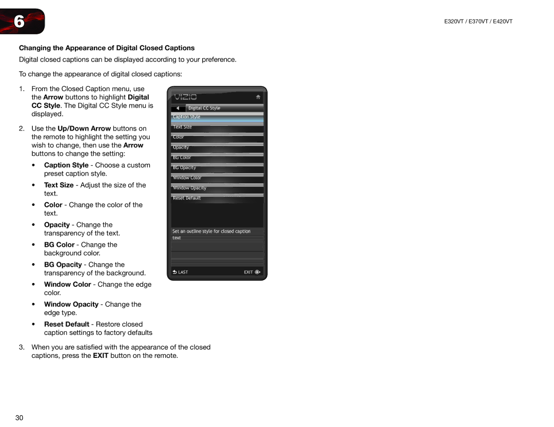 Vizio E320VT Changing the Appearance of Digital Closed Captions, BG Opacity Change the transparency of the background 