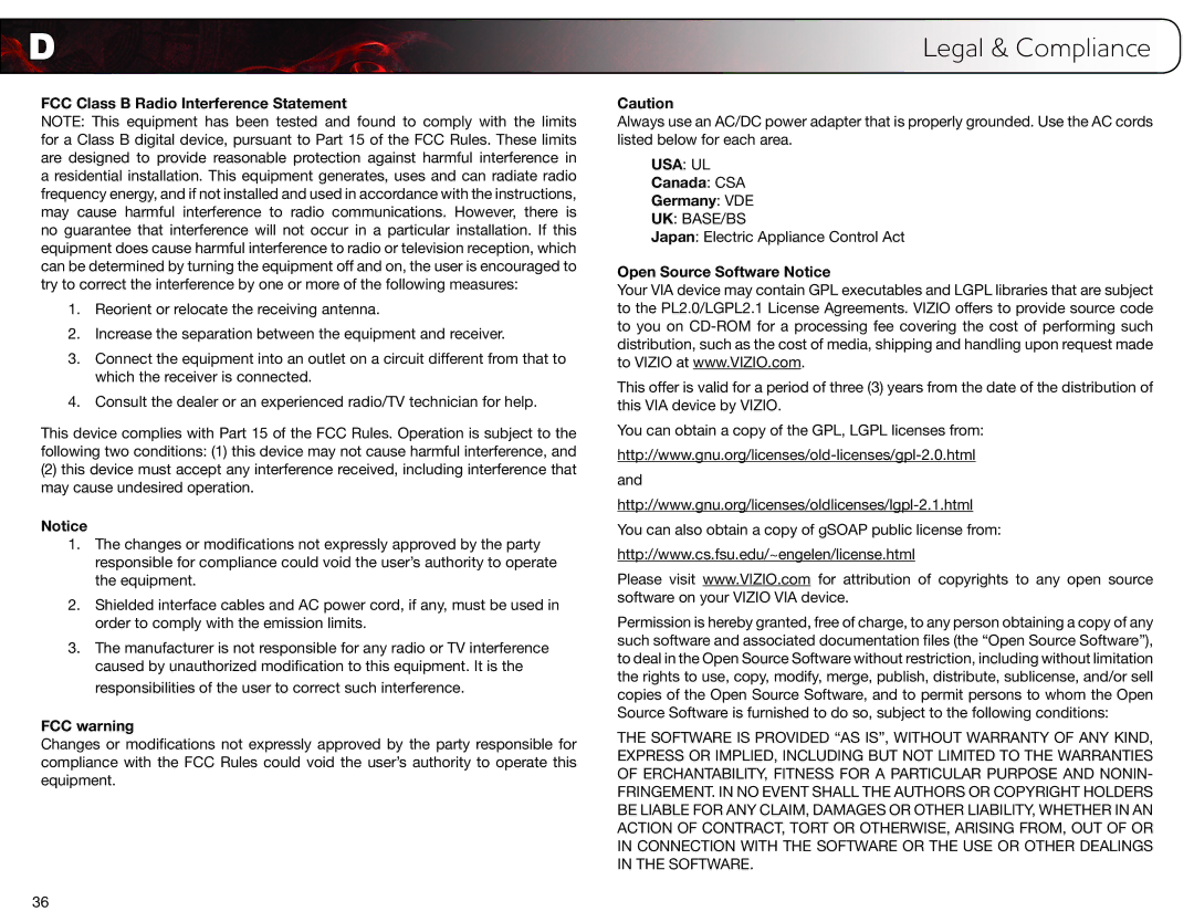 Vizio E320VT FCC Class B Radio Interference Statement, FCC warning, Canada CSA Germany VDE, Open Source Software Notice 