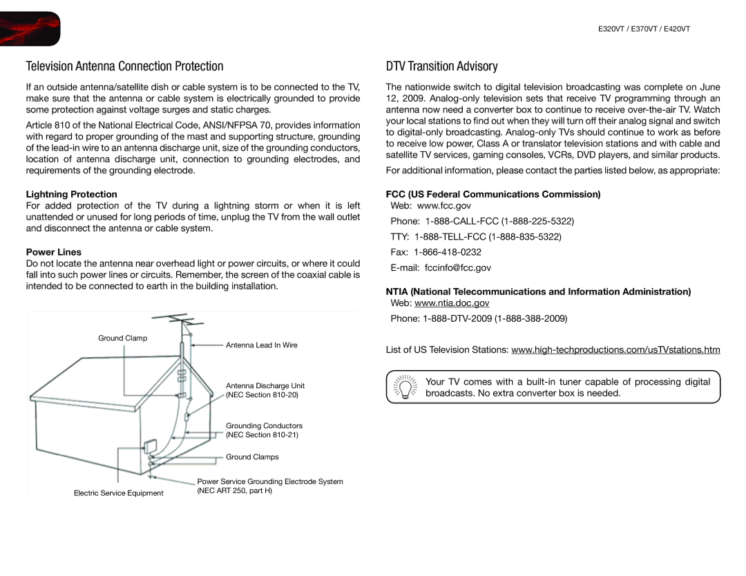 Vizio E420VT, E370VT Television Antenna Connection Protection, DTV Transition Advisory, Lightning Protection, Power Lines 