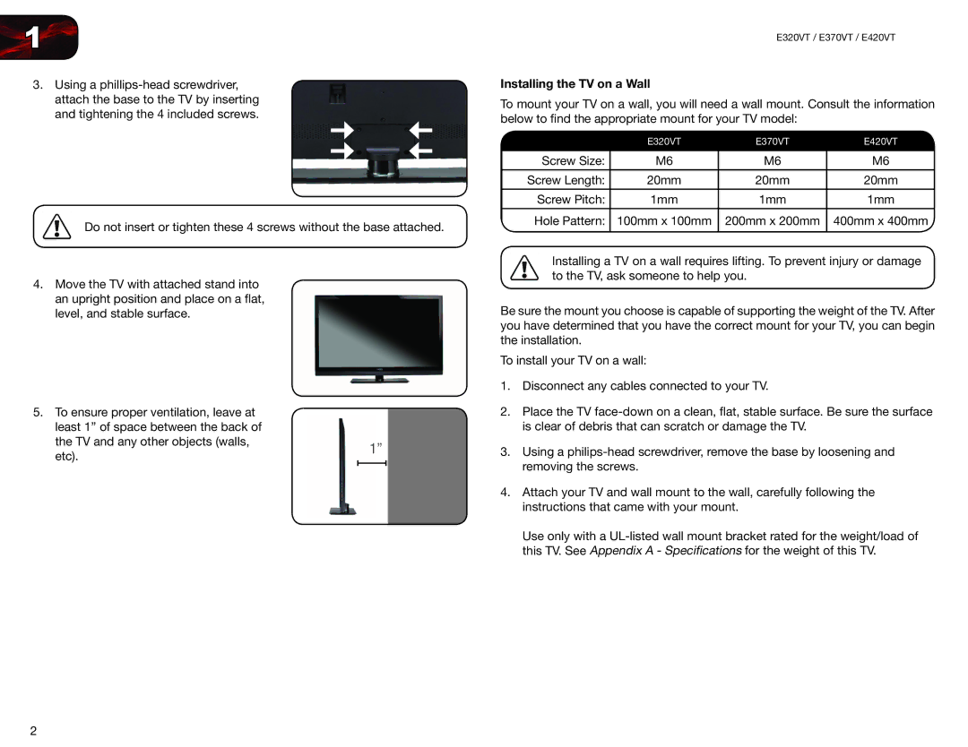 Vizio E370VT, E420VT, E320VT user manual Installing the TV on a Wall 