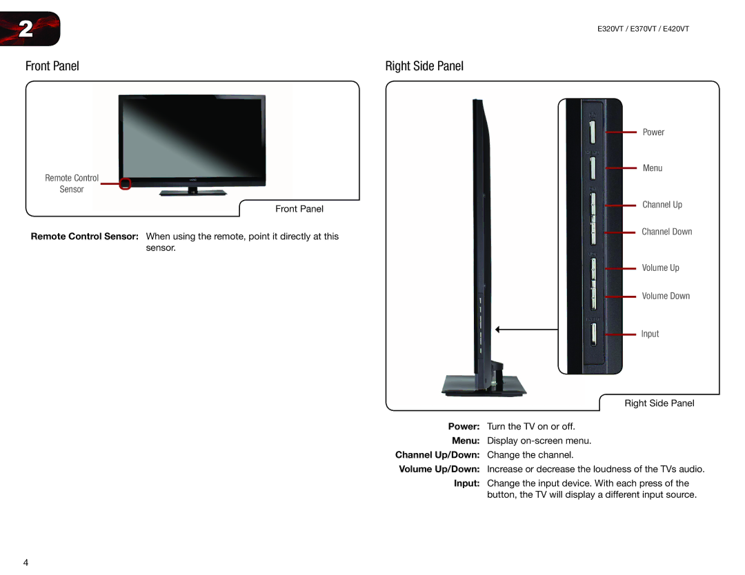 Vizio E420VT, E370VT, E320VT user manual Right Side Panel, Remote Control Sensor 