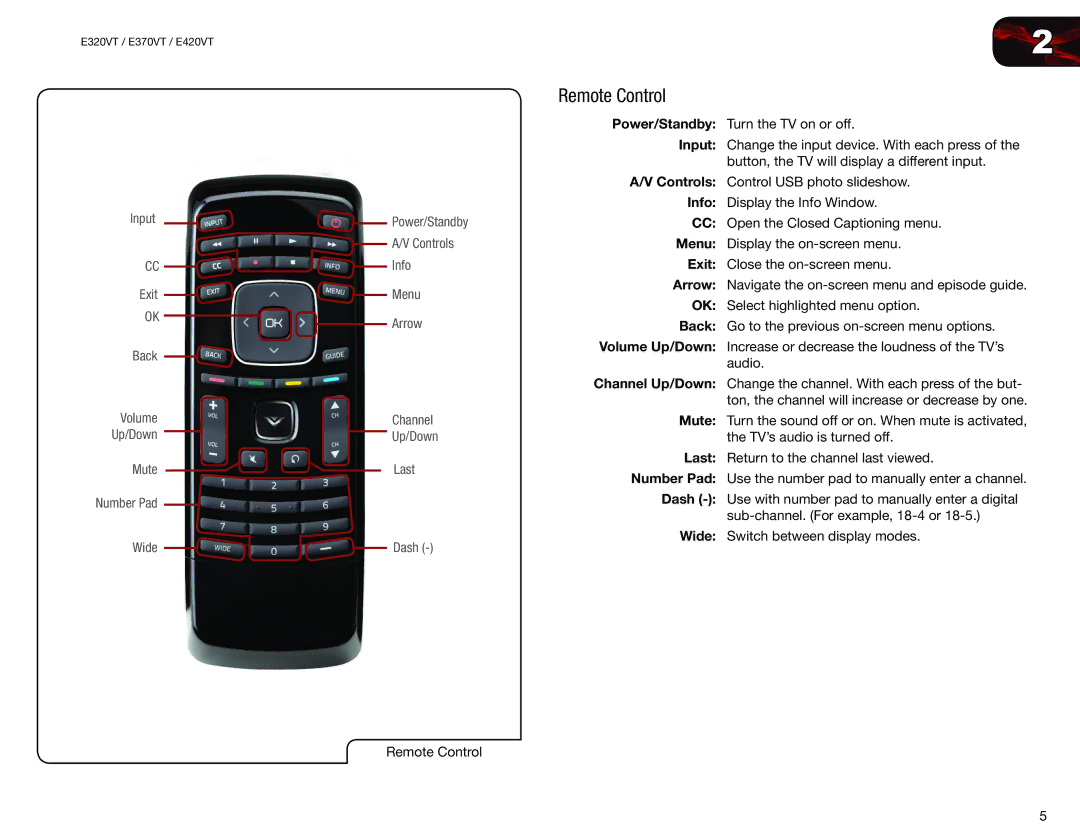 Vizio E370VT, E420VT, E320VT user manual Remote Control 