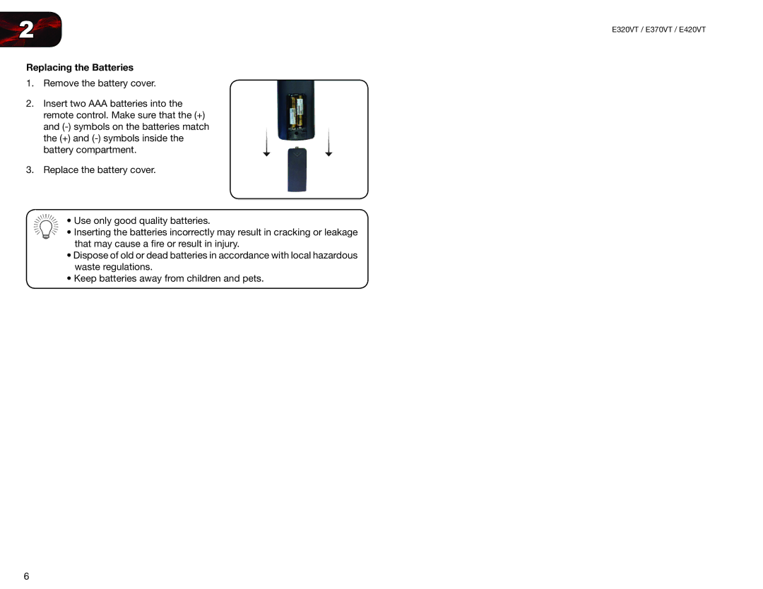 Vizio E320VT, E420VT, E370VT user manual Replacing the Batteries 