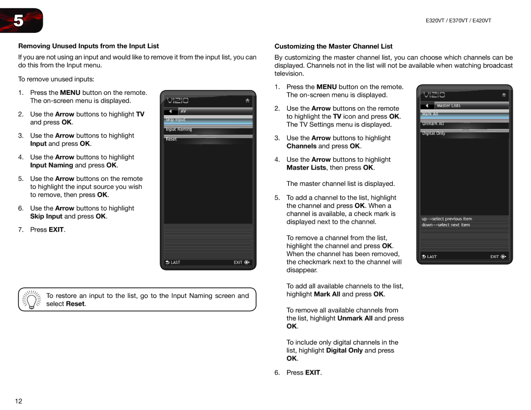 Vizio E320VT, E420VT, E370VT user manual Removing Unused Inputs from the Input List, Customizing the Master Channel List 