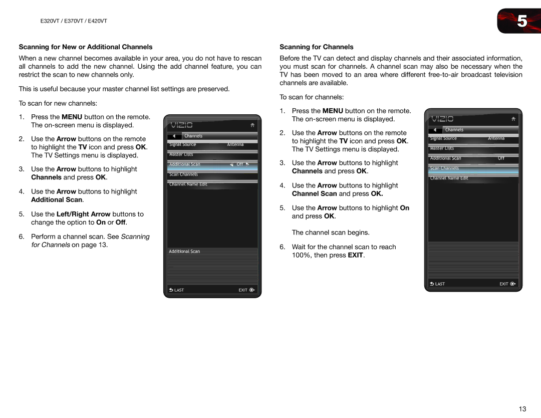 Vizio E420VT, E370VT, E320VT user manual Scanning for New or Additional Channels, Scanning for Channels 