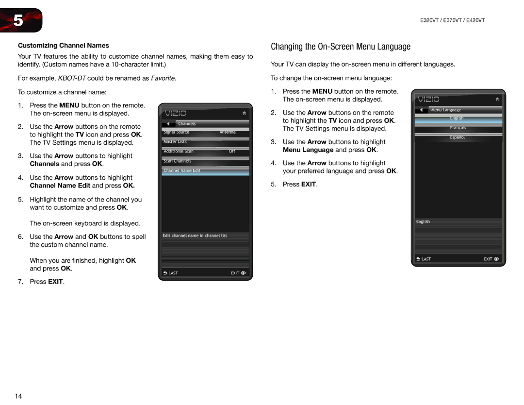 Vizio E370VT, E420VT, E320VT user manual Changing the On-Screen Menu Language, Customizing Channel Names 