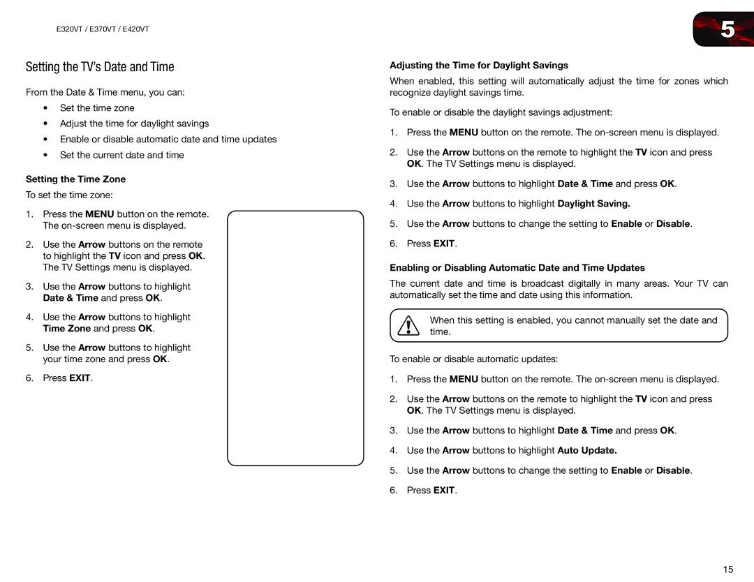 Vizio E320VT, E420VT, E370VT Setting the TV’s Date and Time, Setting the Time Zone, Adjusting the Time for Daylight Savings 