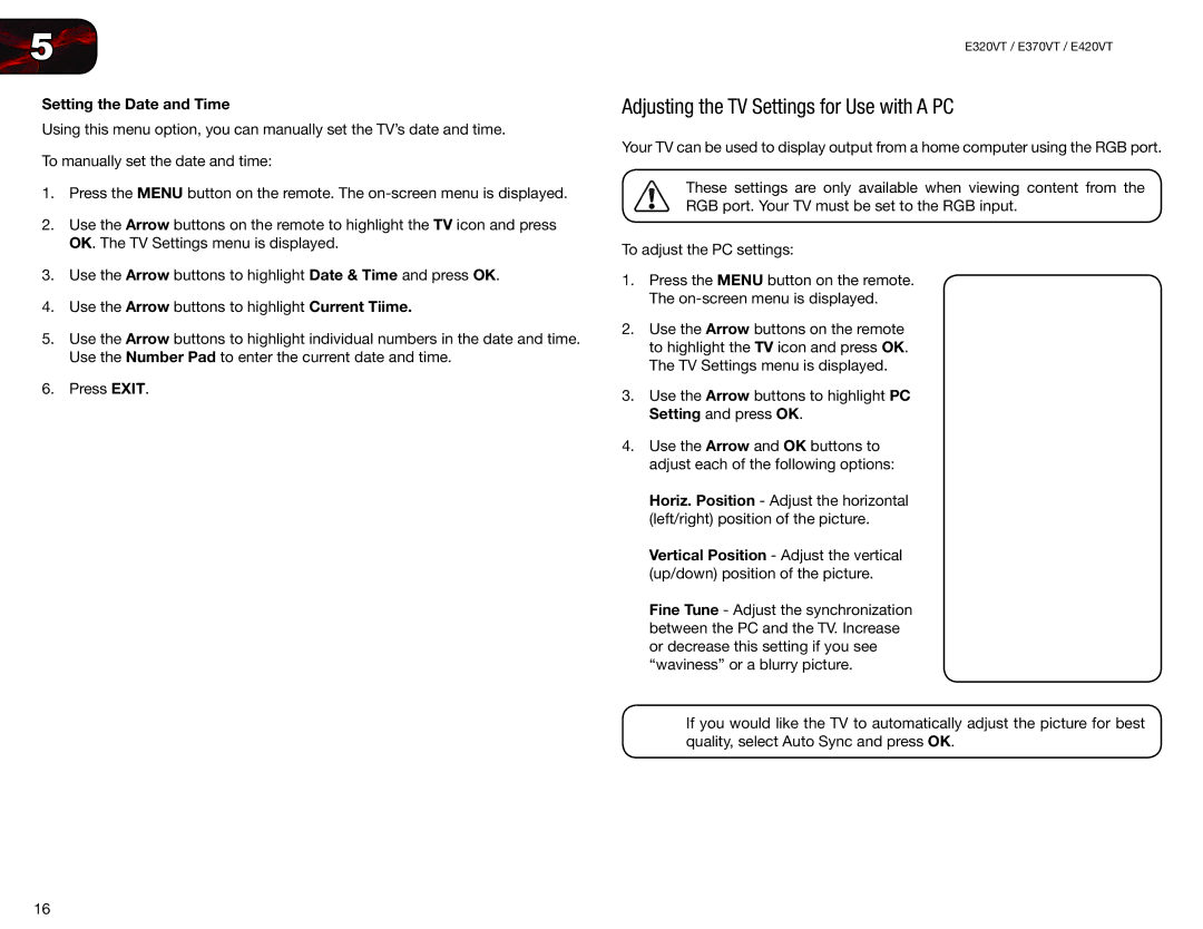 Vizio E420VT, E370VT, E320VT user manual Adjusting the TV Settings for Use with a PC, Setting the Date and Time 