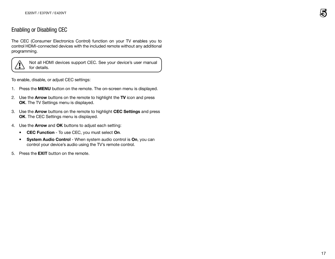 Vizio E370VT, E420VT, E320VT user manual Enabling or Disabling CEC 