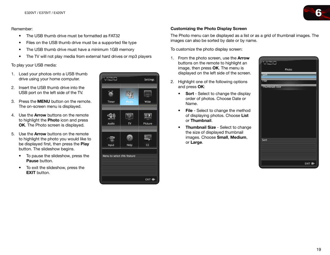 Vizio E420VT, E370VT, E320VT user manual Customizing the Photo Display Screen 