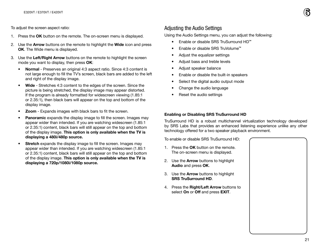 Vizio E320VT, E420VT, E370VT user manual Adjusting the Audio Settings, Enabling or Disabling SRS TruSurround HD 